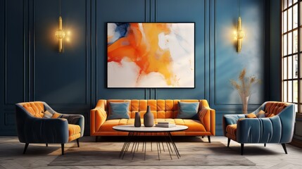 An orange and blue tufted sofa and a stucco wall are adjacent to each other. Art deco interior design of modern living room.