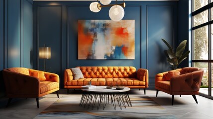An orange and blue tufted sofa and a stucco wall are adjacent to each other. Art deco interior design of modern living room.