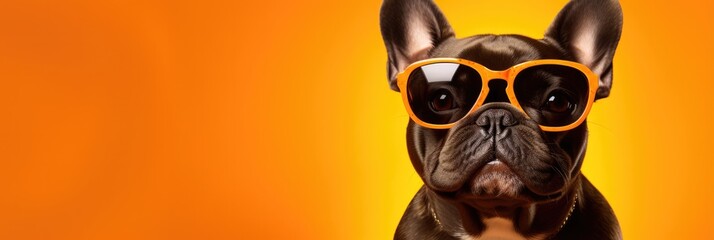 Portrait French Bulldog Dog With Sunglasses Orange Background Breed Standards For French Bulldogs, Benefits Of Sunglasses For Dogs, Selecting Appropriate Dog Clothing - obrazy, fototapety, plakaty