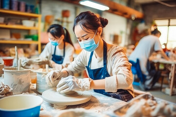 Young asian female ceramists working in their store or workshop.