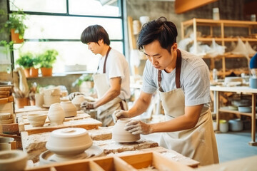 Young asian male ceramists working in their store or workshop.