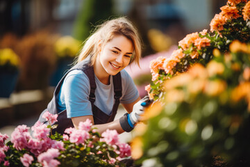 Young caucasian female landscaper doing her job. Young woman gardener working in greenhouse.