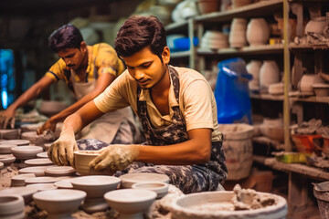 Young indian male ceramists working in their store or workshop.