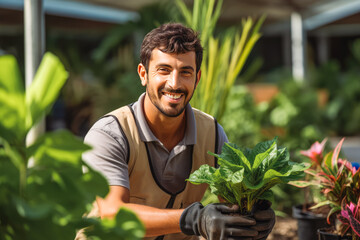 Young caucasian male landscaper doing his job. Young man gardener working in greenhouse. - Powered by Adobe