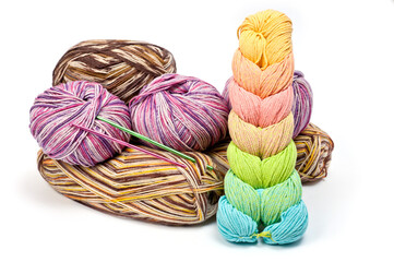 Colored natural wool yarn for knitting or crocheting. Hobbies for people of all ages.