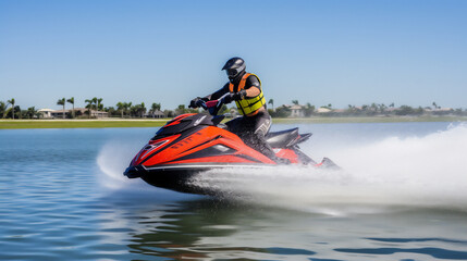 Jetskier with his Jet ski Surfing the waves. Leisure and Watersports photos. Ai generative.