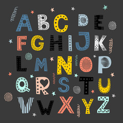 Fototapeta na wymiar Set of colorful funny vector letters, letter fonts in children's style. Suitable for education, home and children's decoration. It can be used for funny quotes on t-shirts, posters, cards and prints.