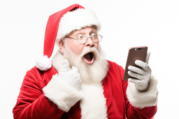 Santa checking the lists of gifts to deliver and surprised by a mobile message. Santa Claus on a white background. 