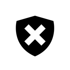 Shield with cross mark icon vector in flat style. Protection sign symbol
