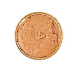 Pet Food in Metal Packaging Isolated, Wet Food for Cats, Dog Canned Pate, Open Pet Food on White