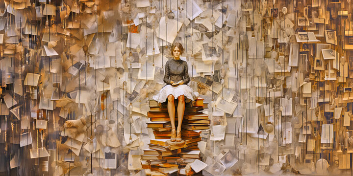 Knowledge about the world, reading educates, reading books, bookworm, young woman sitting on a stack of books, panorama, background, croppable, lights, book, earth colors, generative AI