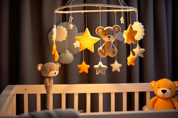Handmade felt toys above the newborn crib with light garland in the night. Baby crib mobile, first baby eco-friendly toys, cozy child's bedroom interior Generative AI