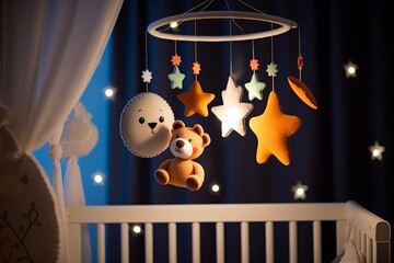 Handmade felt toys above the newborn crib with light garland in the night. Baby crib mobile, first baby eco-friendly toys, cozy child's bedroom interior Generative AI