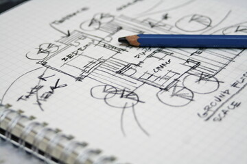 sketching architectural plans with pencils on a sketchbook on a desk, sketch design, architect, freehand, architectural drafting.