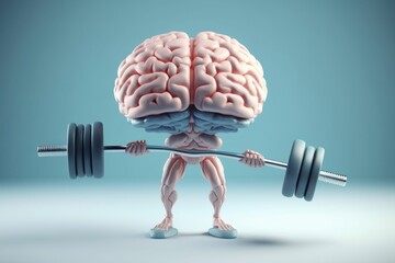 Human brain lifting weights. 3D brain lifting a heavy dumbbell. Mind training, memory health, Alzheimer's prevention, brain training, education, study, Generative AI - obrazy, fototapety, plakaty