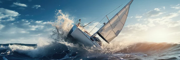 Foto op Canvas Sailboat Crashes In A Ocean Clear Sky Sailboat, Ocean, Clearsky, Safety, Prevention, Damage, Rescue, Equipment © Ян Заболотний