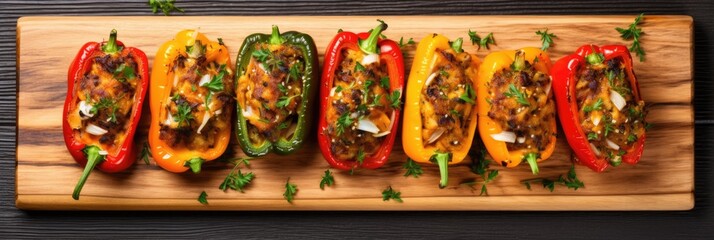 Top View, Vegan Stuffed Peppers On A Wooden Boardon White Background Top View, Vegan Stuffed Peppers, On A Wooden Board, White Background, Healthy Eating