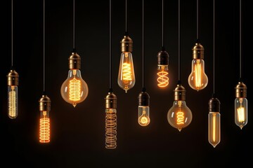 Decorative antique Edison style light bulbs, different shapes of retro lamps on dark background. Cafe or restaurant decoration details. Generative AI - obrazy, fototapety, plakaty