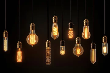 Poster Decorative antique Edison style light bulbs, different shapes of retro lamps on dark background. Cafe or restaurant decoration details. Generative AI © Visual Venture