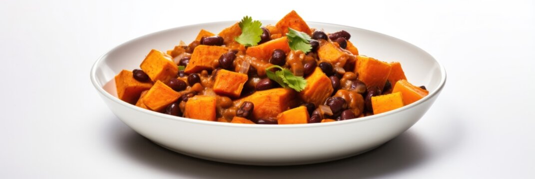 Vegan Sweet Potato And Black Bean Chili On White Round Plate On White Background