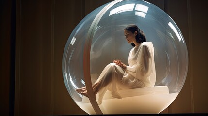 Model encased in plastic, emphasizing the contrast between skin texture and the shiny material, against a studio backdrop.