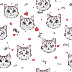 Cute cat on white background. Seamless texture with funny, cute cats. cat kawaii background. cat seamless pattern. Cute cartoon