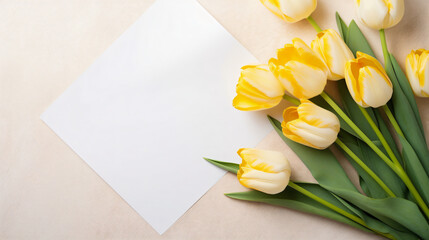 Blank paper sheet cards with mockup copy space and yellow flowers