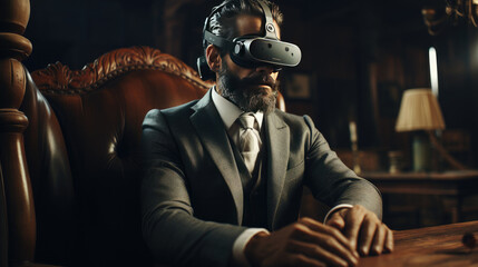 The businessman is wearing an augmented and virtual reality headset, which is a mixed reality device displaying augmented reality content overlaid on the surrounding world, Generative AI