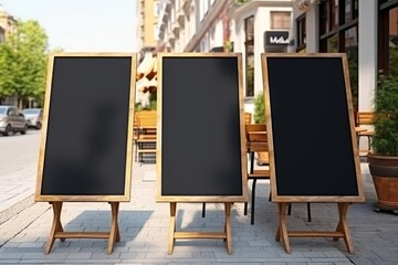 Blank restaurant shop sign or menu boards near the entrance to restaurant. Cafe menu on the street. Blackboard sign in front of a restaurant. Signboard, freestanding A-frame blackboard. Generative AI