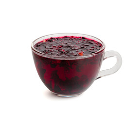 Hibiscus Tea, Dry Rose Drink, Cold Fruit Red Tea in Transparent Mug, Roselle Hibiscus Tea