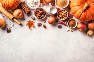 Autumn baking background with pumpkins, apples and nuts - 647115333