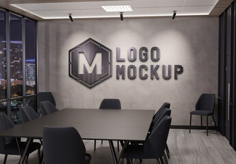 Logo Mockup In Office At Night With 3D Glossy Metal Effect