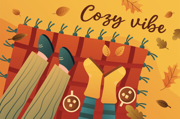 Cozy vibe autumn background in a cartoon style. Friends welcome a wonderful cozy season together and have a picnic to have fun. Vector illustration.