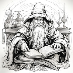 A coloring page for children: a wizard in a hat with a magical book, Generative AI