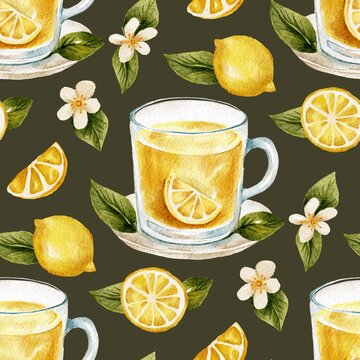 Lemon tea cup drink seamless floral watercolor pattern with flowers and lemons plant background