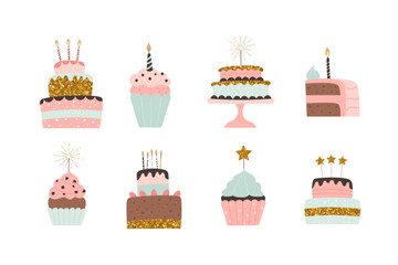 Happy birthday cakes vector collection. Festive deserts in flat cartoon style. Cakes and cupcakes with cream and candles.