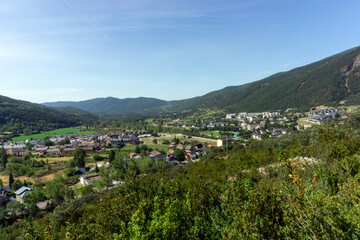 Panoramic view of the Pyrenean town of Villanúa in the province of Huesca. Aragon, Spain.