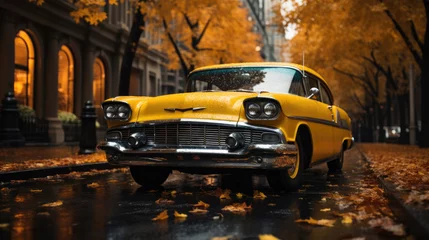 Papier Peint photo Lavable Voitures anciennes Yellow retro car on the streets of New York, Generative AI
