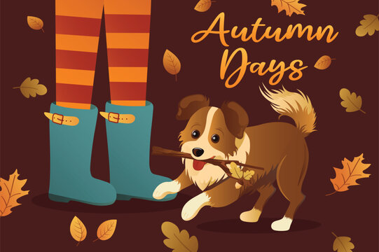 Autumn days background in a cartoon style. A boy plays with his dog during one of the walks in the autumn park. Vector illustration.