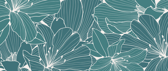 Turquoise floral background with a white outline of delicate flowers. Background for decor, wallpaper, covers, cards, presentations and posts on social networks. - obrazy, fototapety, plakaty