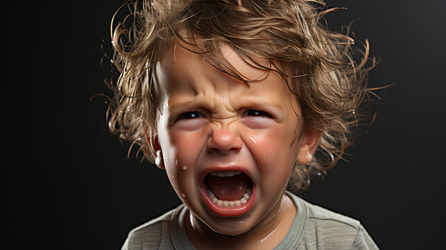 Portrait of a crying boy on a black background. Shouting child