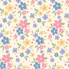 Seamless floral pattern, liberty ditsy print with spring motif. Cute botanical design in pastel colors: small hand drawn flowers, tiny leaves scattered on a white background. Vector illustration.