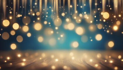 Fototapeta na wymiar holiday illumination and decoration concept - christmas garland bokeh lights over dark blue background.golden sparkling bokeh background