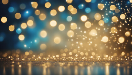 holiday illumination and decoration concept - christmas garland bokeh lights over dark blue background.golden sparkling bokeh background - obrazy, fototapety, plakaty