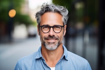 Portrait of a handsome middle-aged man with grey hair wearing glasses - obrazy, fototapety, plakaty
