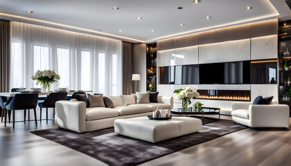 Spacious room with a white sofa and TV. Modern dining room luxury interior design, panorama. Luxury interior design living room and white kitchen. Open plan interior.