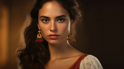 Fototapeta premium Spanish Beauty in Abstraction: Gracefully Capturing the Essence of Female Creativity, Beauty, and Grace in a Woman's Portrait.