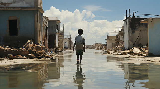 Little boy walking on the street after flood in North Africa