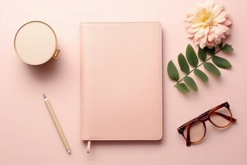 Fashion woman accessories on pastel background. Stylish glasses, cosmetics and notebook, top view, flat lay. Generative AI