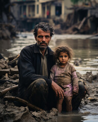  A father and son sitting on the ruins of their house after flood caused by heavy rains in North Africa.